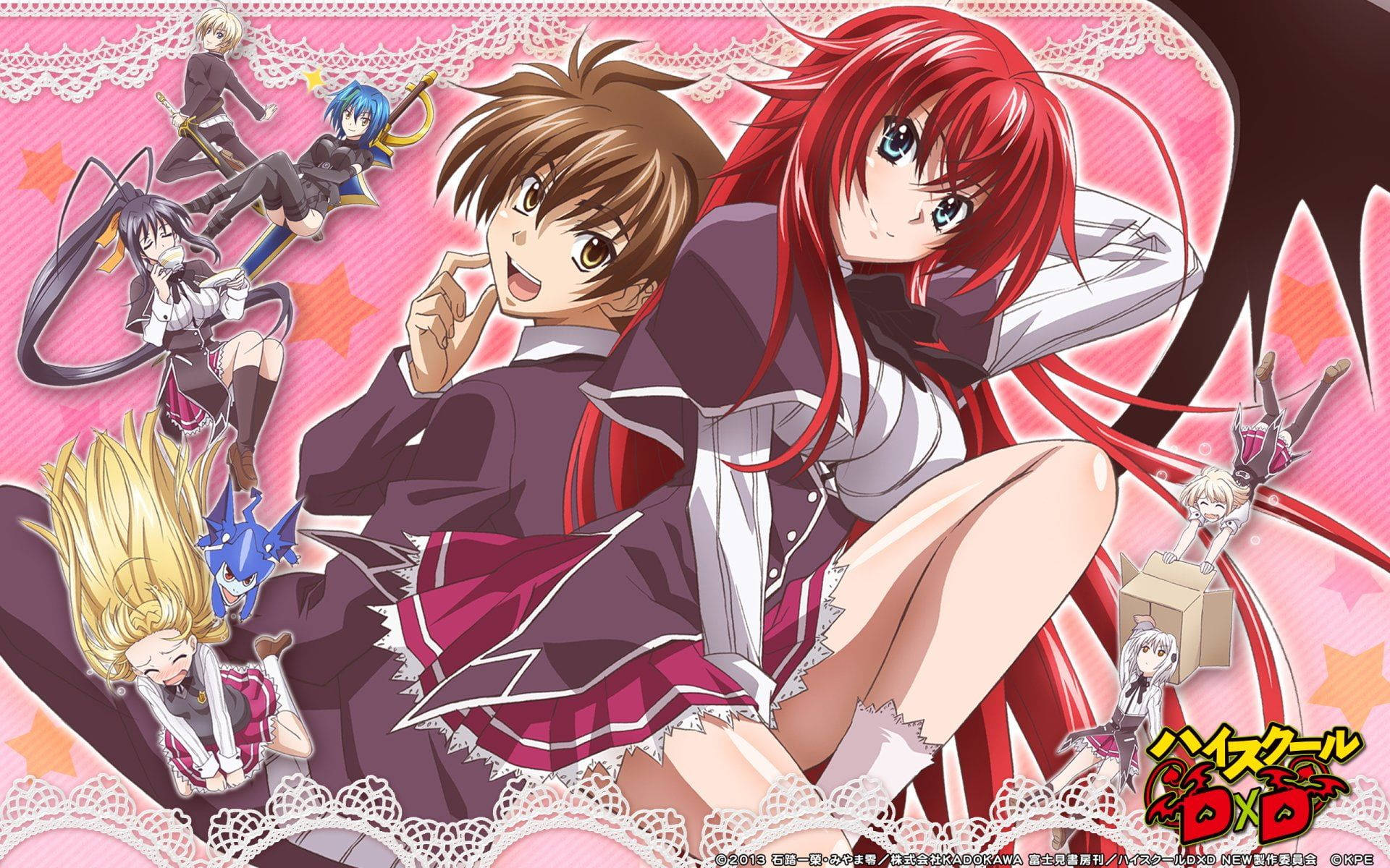 High School Dxd 桌布 壁紙 — 穿著校服的動漫角色在粉紅色星空背景上動態擺姿勢，帶有蕾絲邊飾。