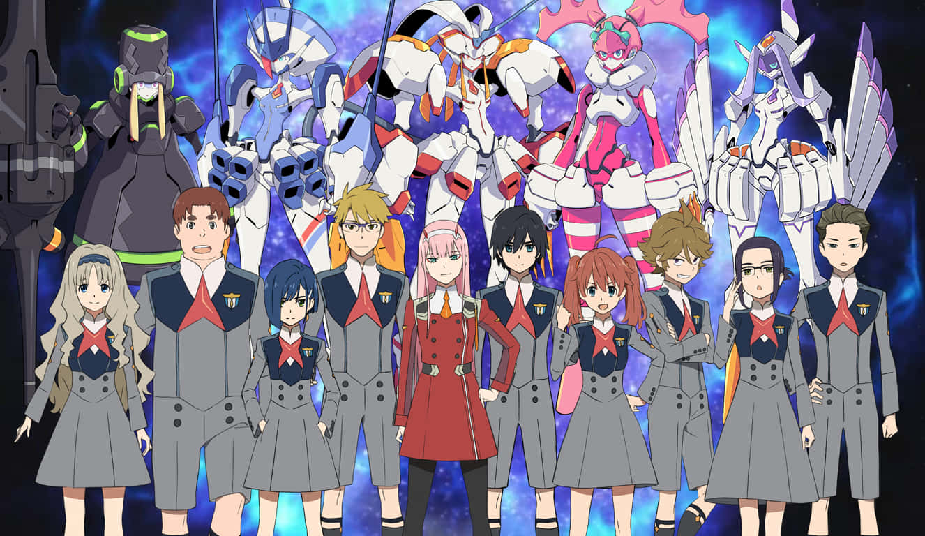 DARLING in the FRANXX 桌布 壁紙 — 穿著校服的動漫角色站在巨型機甲前，背景是宇宙星雲。
