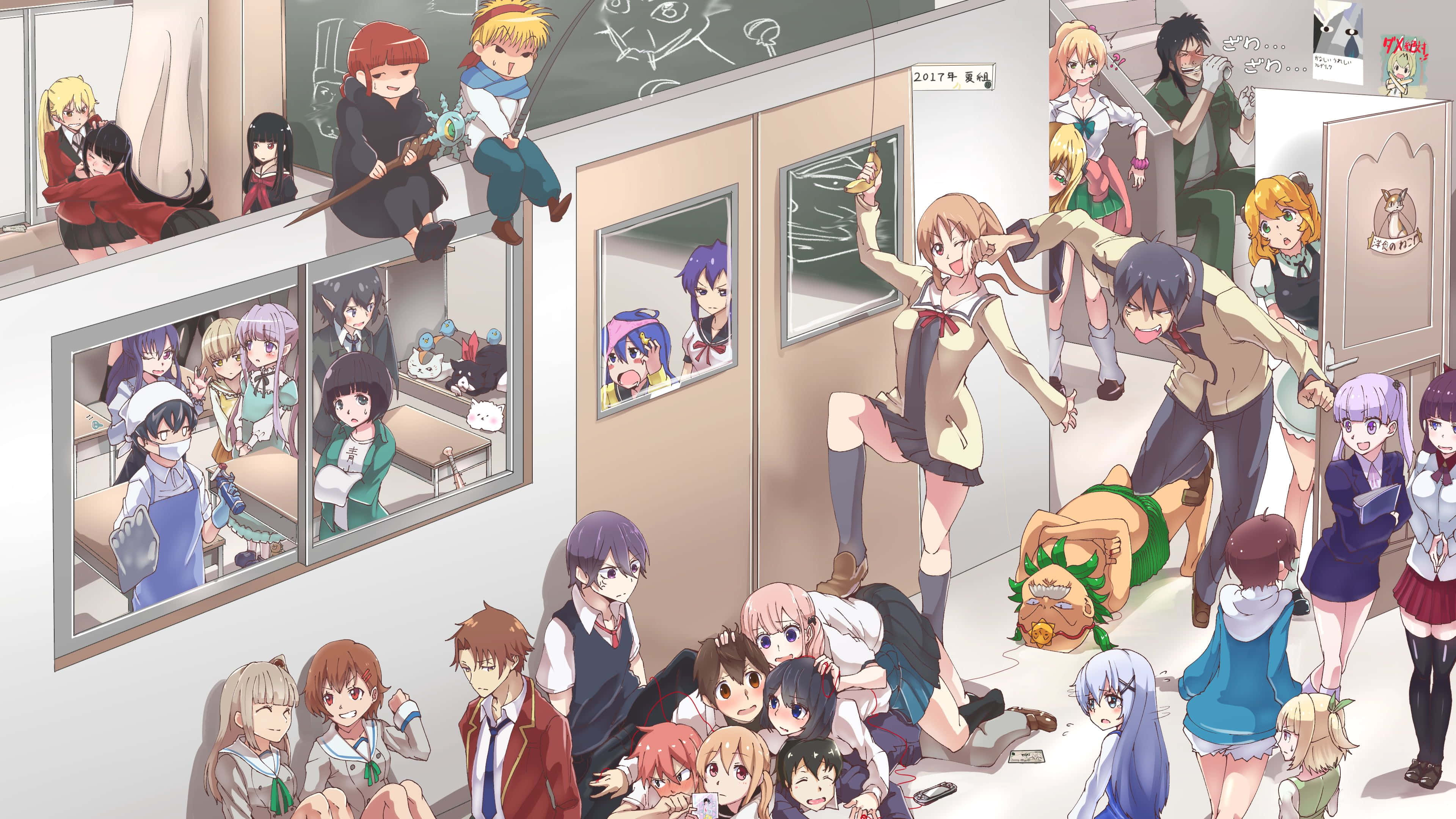 Anime Classroom 桌布 壁紙 — 穿著校服的動漫角色身處混亂的教室，有些在爬牆，有些在地上打架。