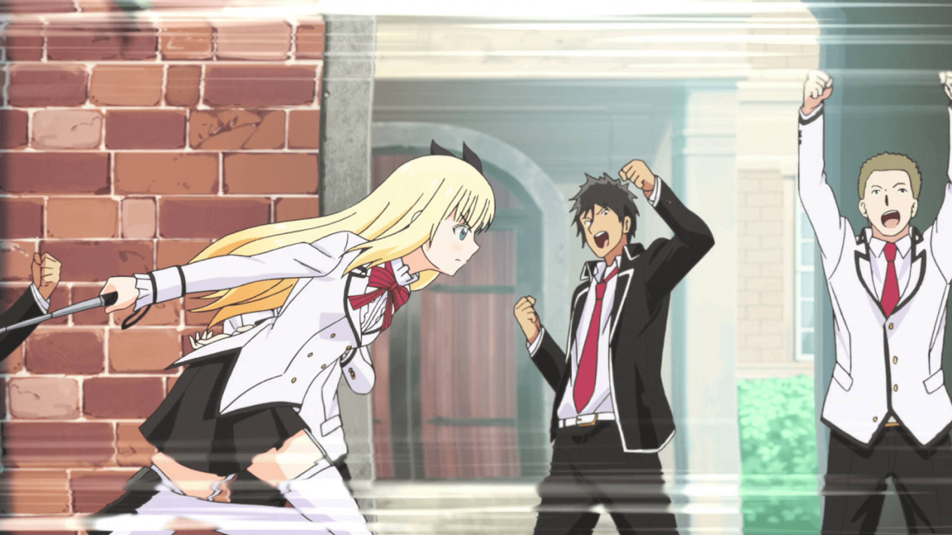 boarding school juliet 桌布 壁紙 — 穿著校服的動畫女孩在動態的磚砌小巷場景中與男孩發生衝突。