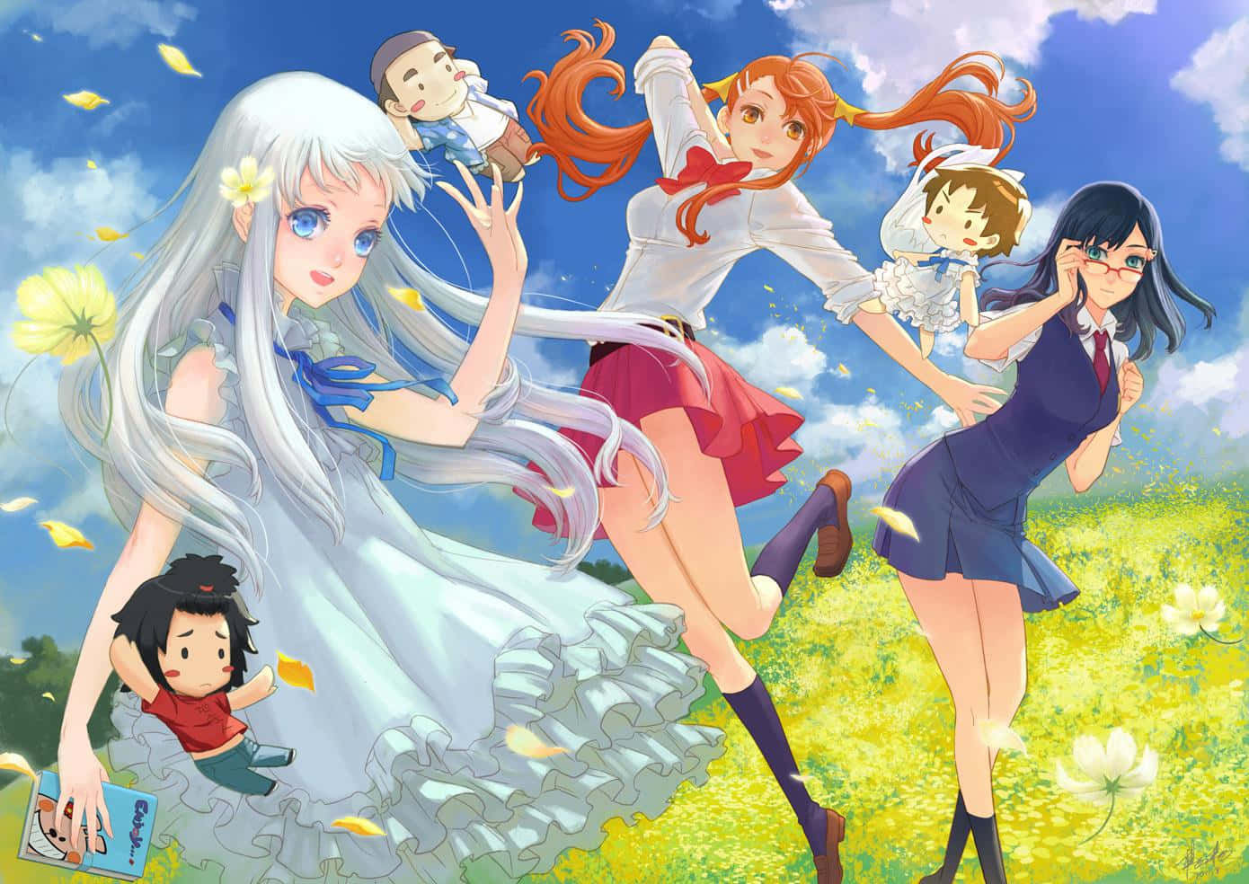 Anohana 桌布 壁紙 — 穿著校服的動畫女孩在明亮的藍天下，歡快地跳躍穿過陽光照耀的黃色花田。