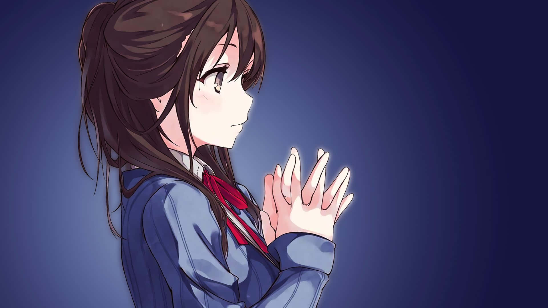 動漫女孩 桌布 壁紙 — 穿著校服的動畫女孩在深藍色漸變背景上合十祈禱，充滿希望。
