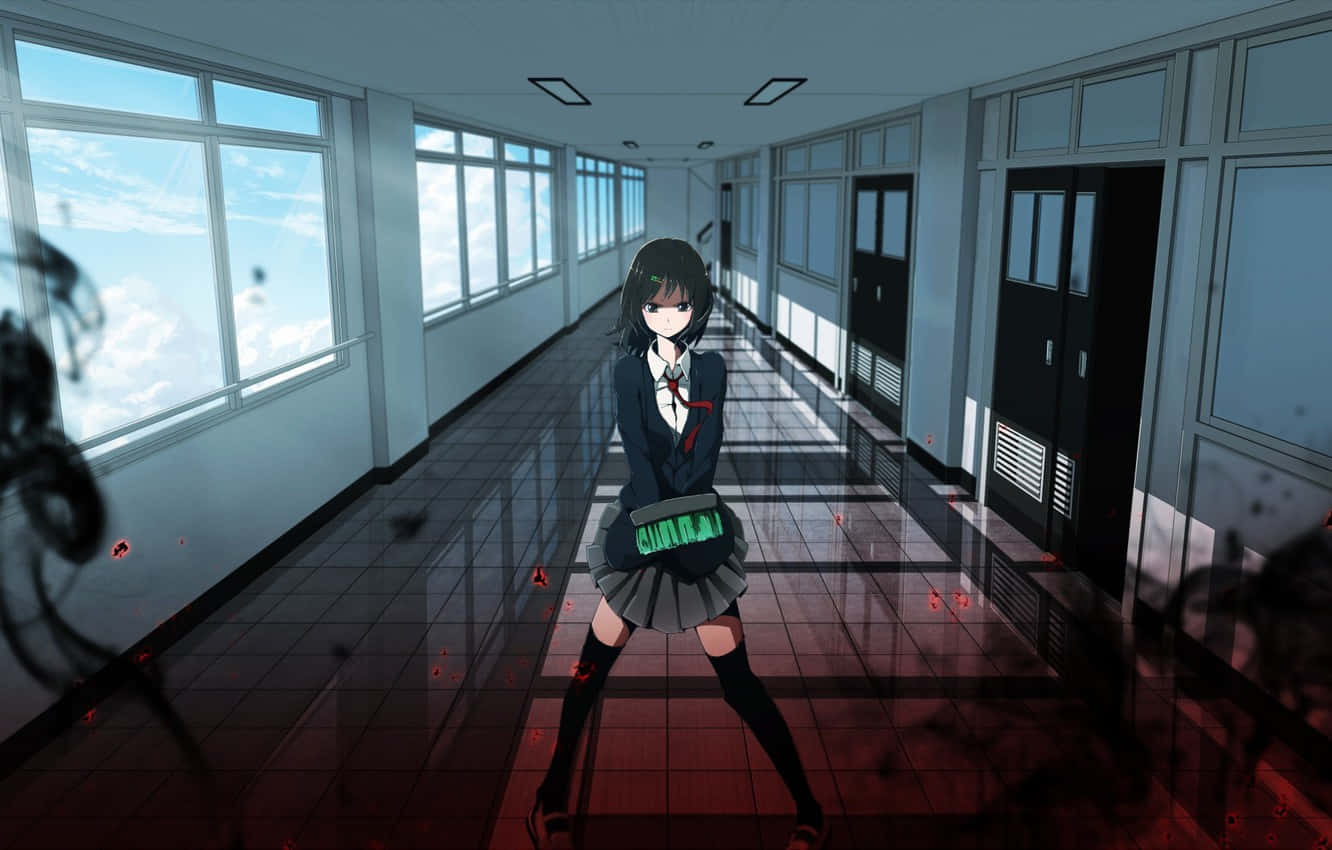 穿著校服的女孩站在空蕩的走廊中 壁紙
