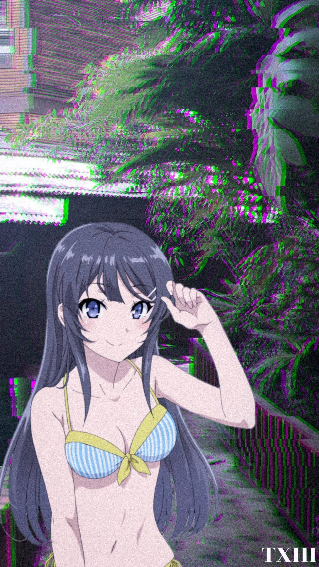 Rascal Does Not Dream Of Bunny Girl Senpai 桌布 壁紙 — 穿著條紋比基尼的動漫女孩在帶有故障效果的綠色和紫色樹葉中向觀眾揮手。