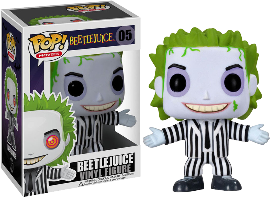 Beetlejuice 桌布 壁紙 — 穿著條紋西裝的Beetlejuice Funko Pop! 乙烯基人偶，旁邊有盒子，綠色頭髮和紫色眼睛。