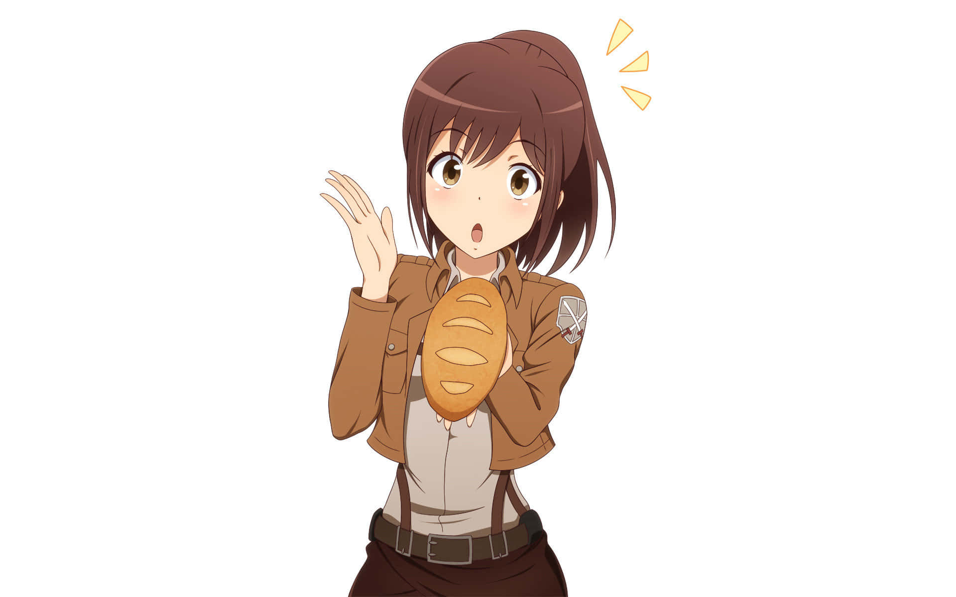 Sasha Blouse 桌布 壁紙 — 穿著棕色制服的動畫女孩，驚訝表情，舉起手，拿著麵包。