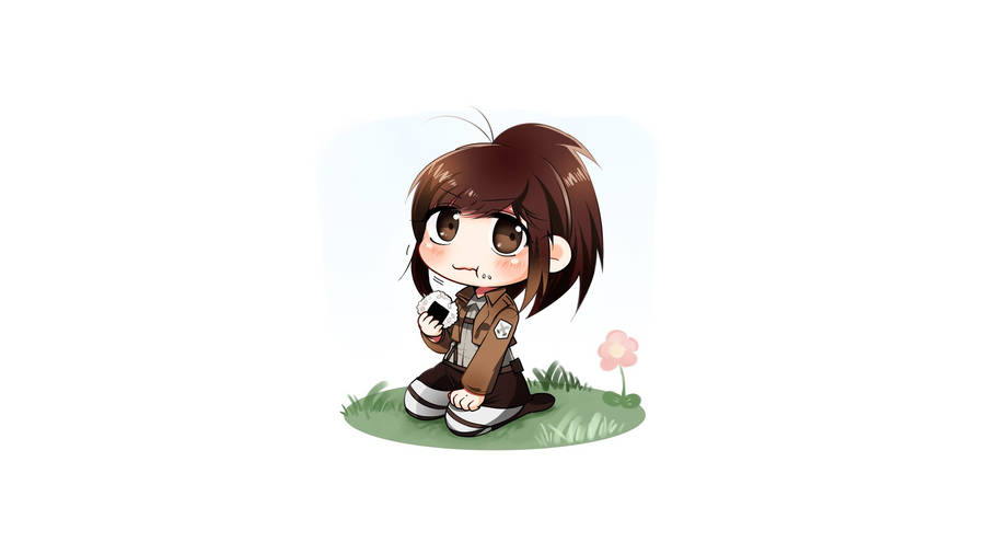 桌布 壁紙 — 穿著棕色制服的小動漫女孩跪在草地上，在粉紅色花朵旁邊拿著電話。