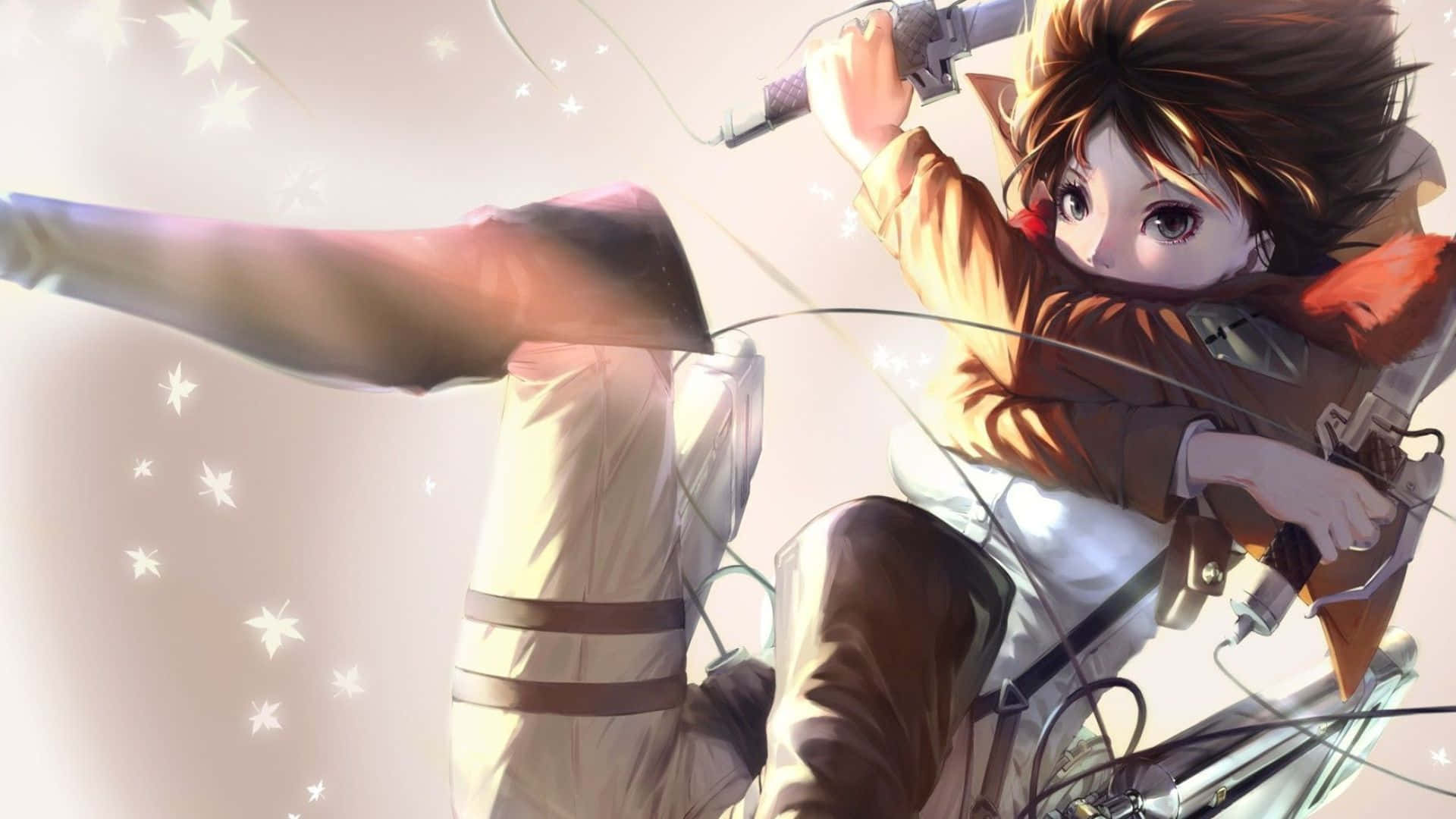 HD Gaming 桌布 壁紙 — 穿著棕色外套和白色褲子的動漫女孩，帶著裝備和發光的星星，在柔和的光線背景下動態跳躍。
