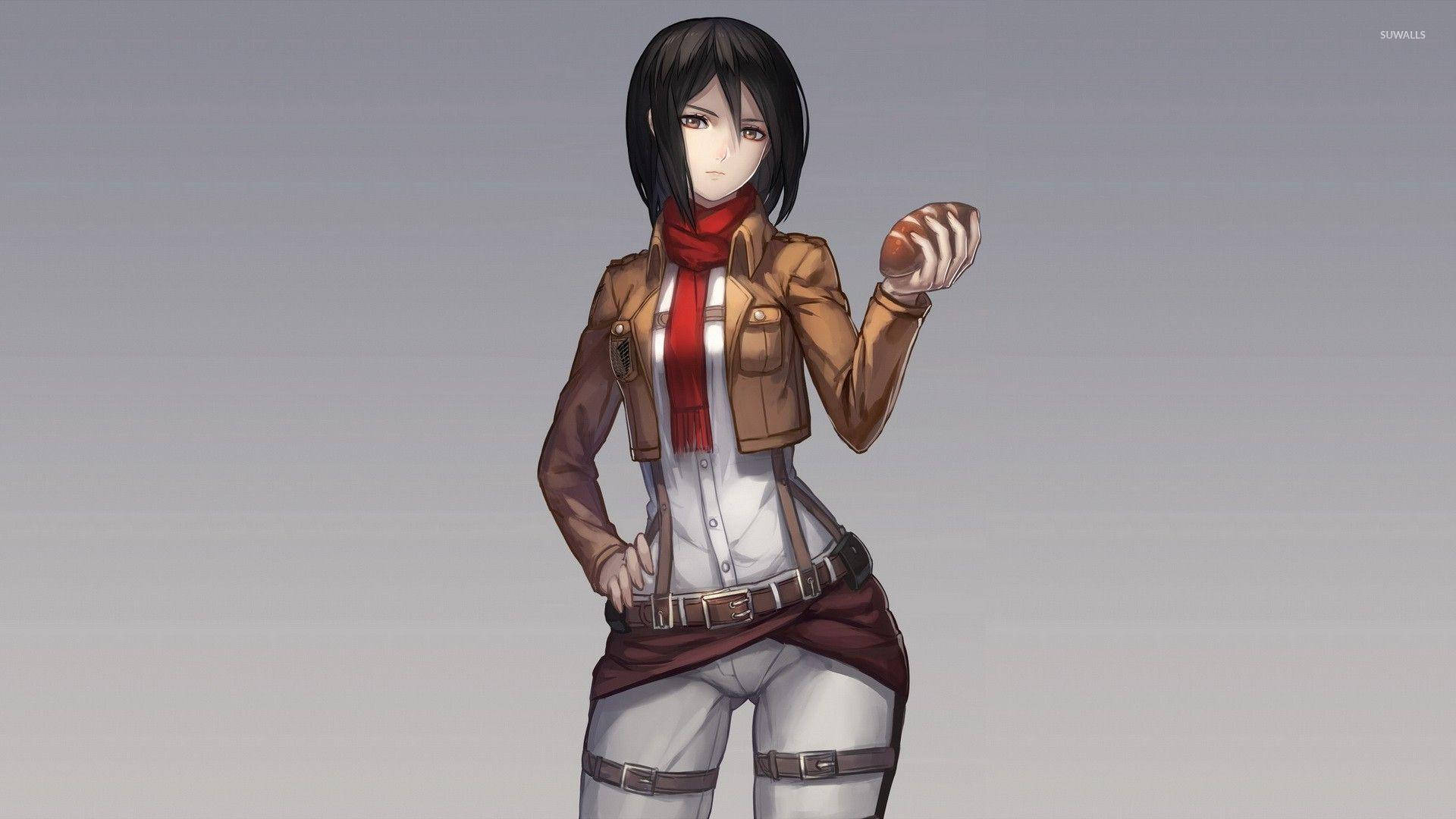Mikasa 桌布 壁紙 — 穿著棕色外套和紅色圍巾的動漫女孩在純灰色背景前拿著一個麵包卷。