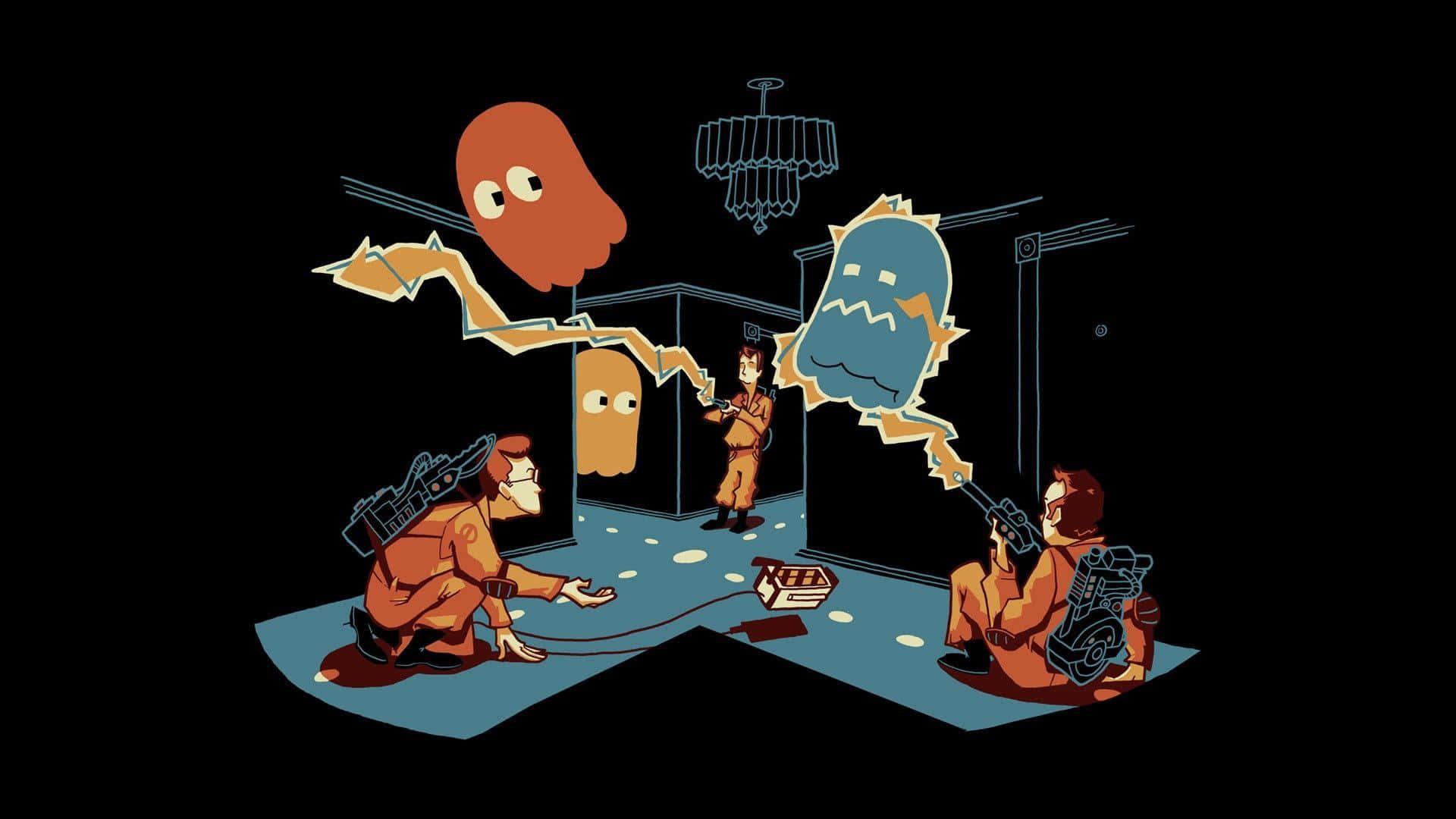 Pacman 桌布 壁紙 — 穿著橙色裝備的捉鬼敢死隊在一個有吊燈的黑暗房間裡與卡通鬼魂戰鬥。