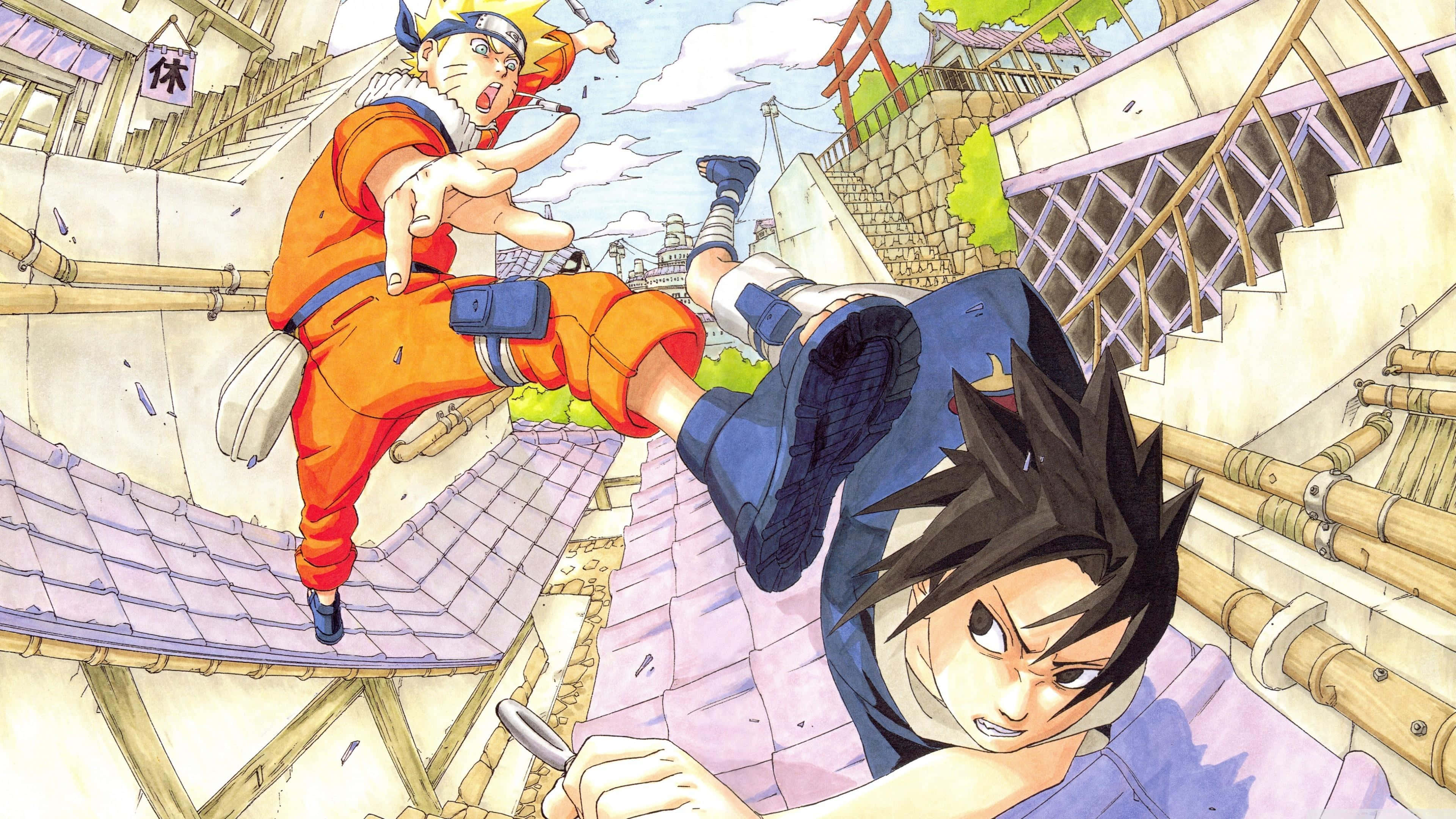 Naruto Aesthetic Computer 桌布 壁紙 — 穿著橙色連身衣的鳴人在傳統日本村莊的激烈屋頂戰鬥中踢向穿著藍色服裝的佐助。