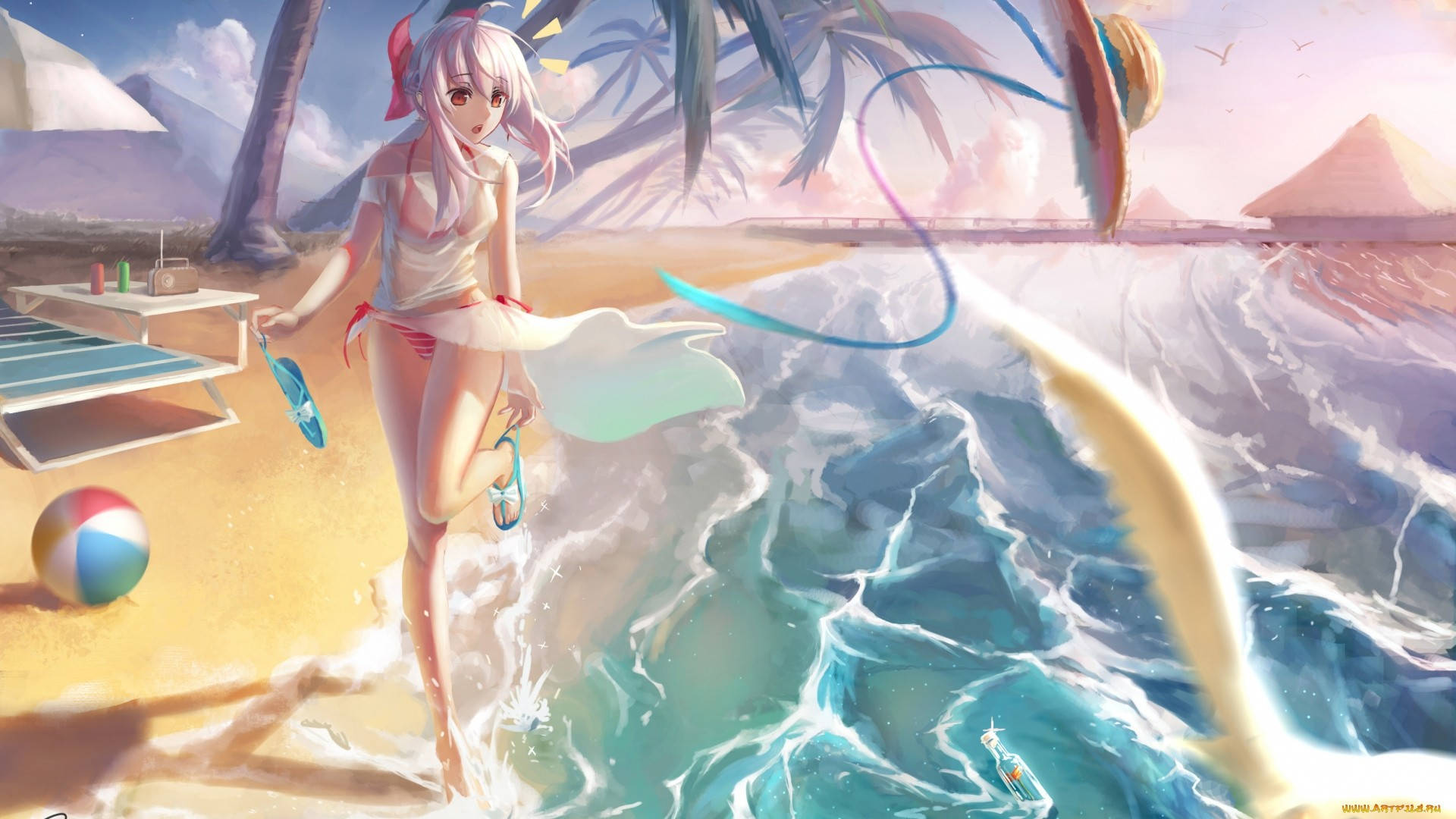 Beach Vacation 桌布 壁紙 — 穿著比基尼的動漫女孩在棕櫚樹下漫步沙灘，海浪在她周圍拍打。