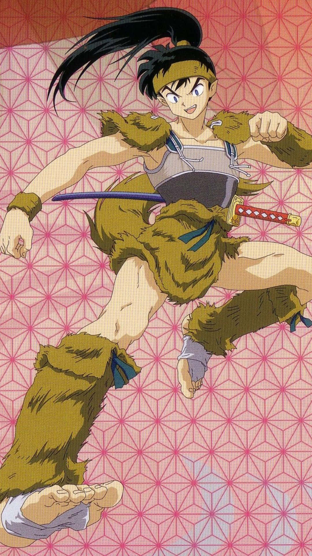 Inuyasha Koga 桌布 壁紙 — 穿著毛皮盔甲的動漫戰士女孩在粉紅色幾何圖案背景上動態跳躍。