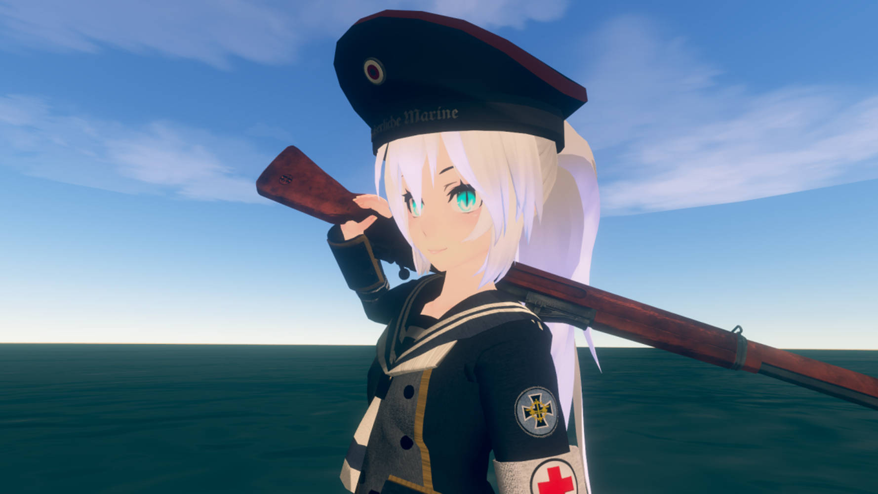 Vrchat 桌布 壁紙 — 穿著水手服、戴著紅十字臂章的動畫女孩，在海洋和藍天的背景下將步槍扛在肩上。