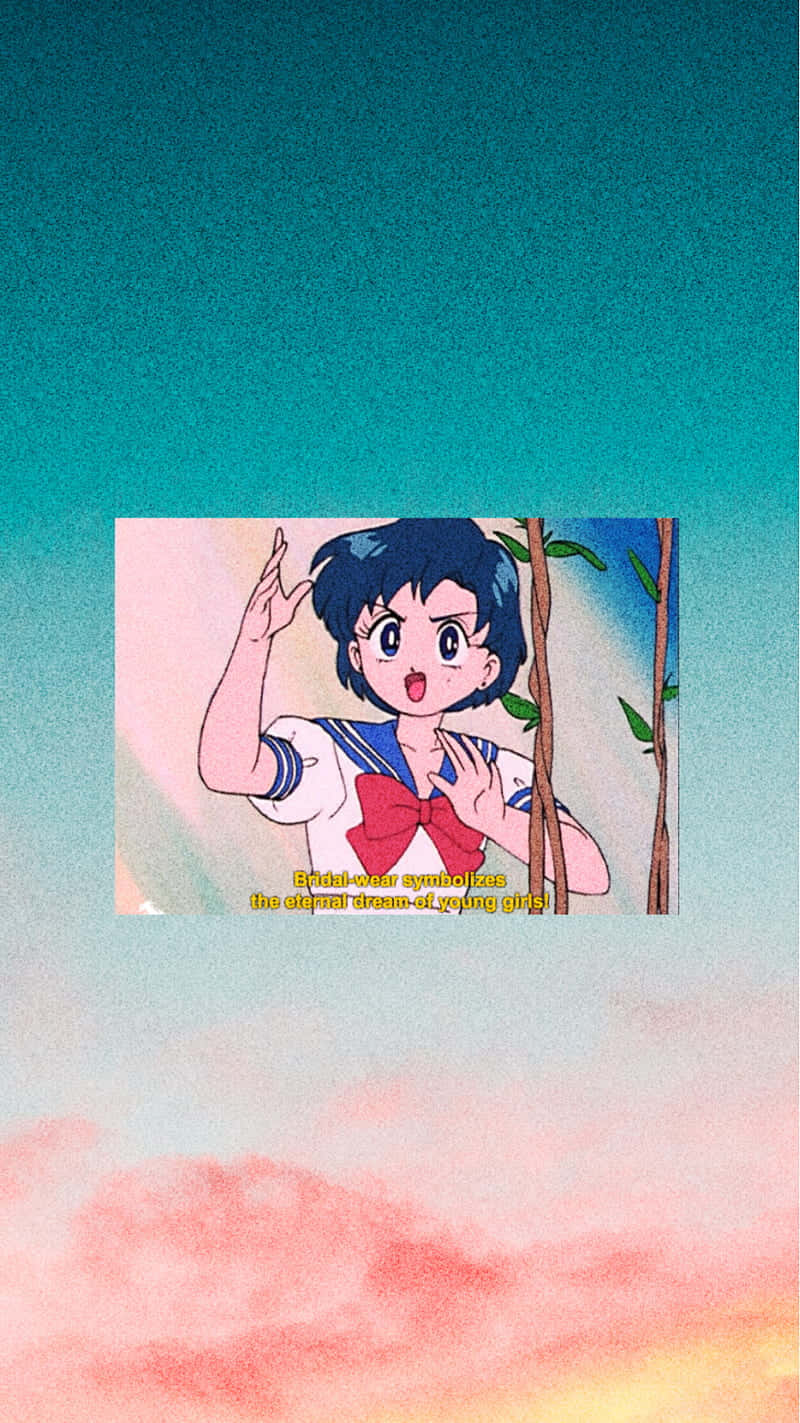 Sailor Mercury 桌布 壁紙 — 穿著水手服的動漫女孩在帶有粉紅雲朵的柔和漸變天空下愉快地揮手。