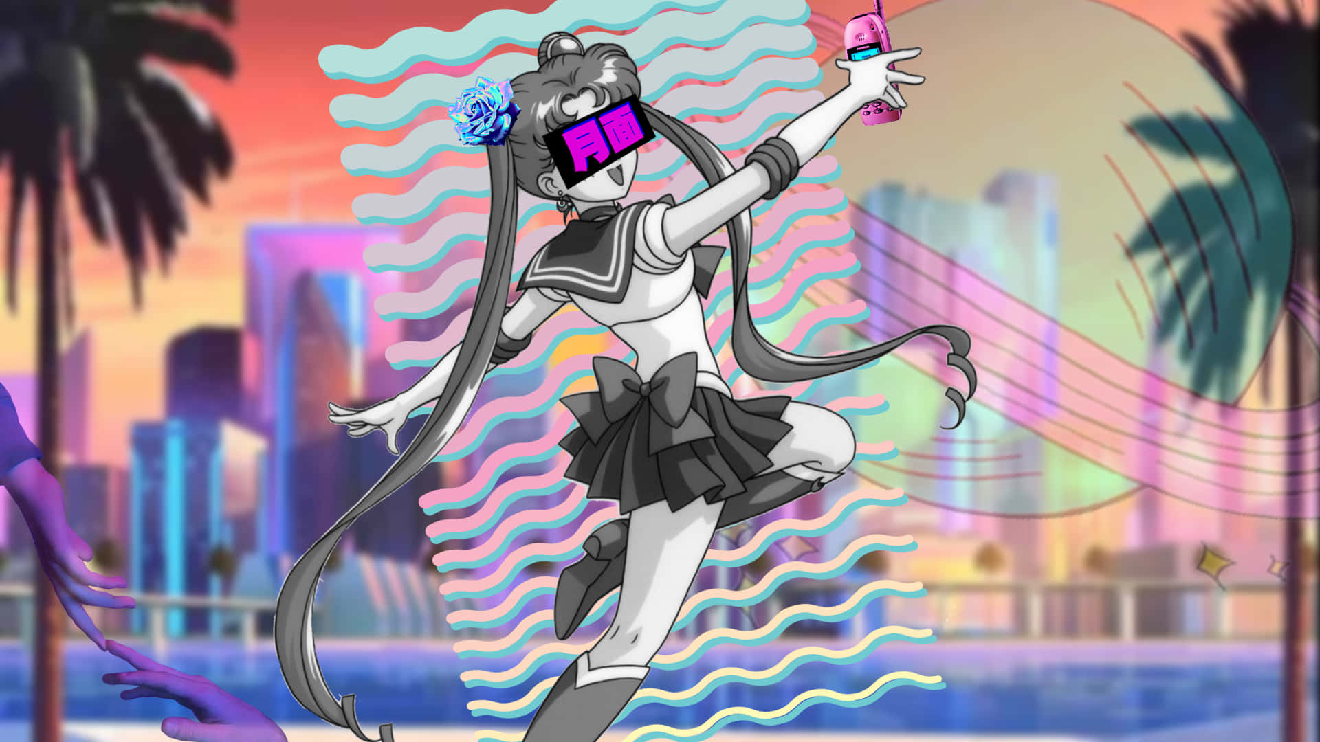 美少女戰士 桌布 壁紙 — 穿著水手服的動漫女孩在日落時分以霓虹波浪背景、棕櫚樹和城市天際線自拍。