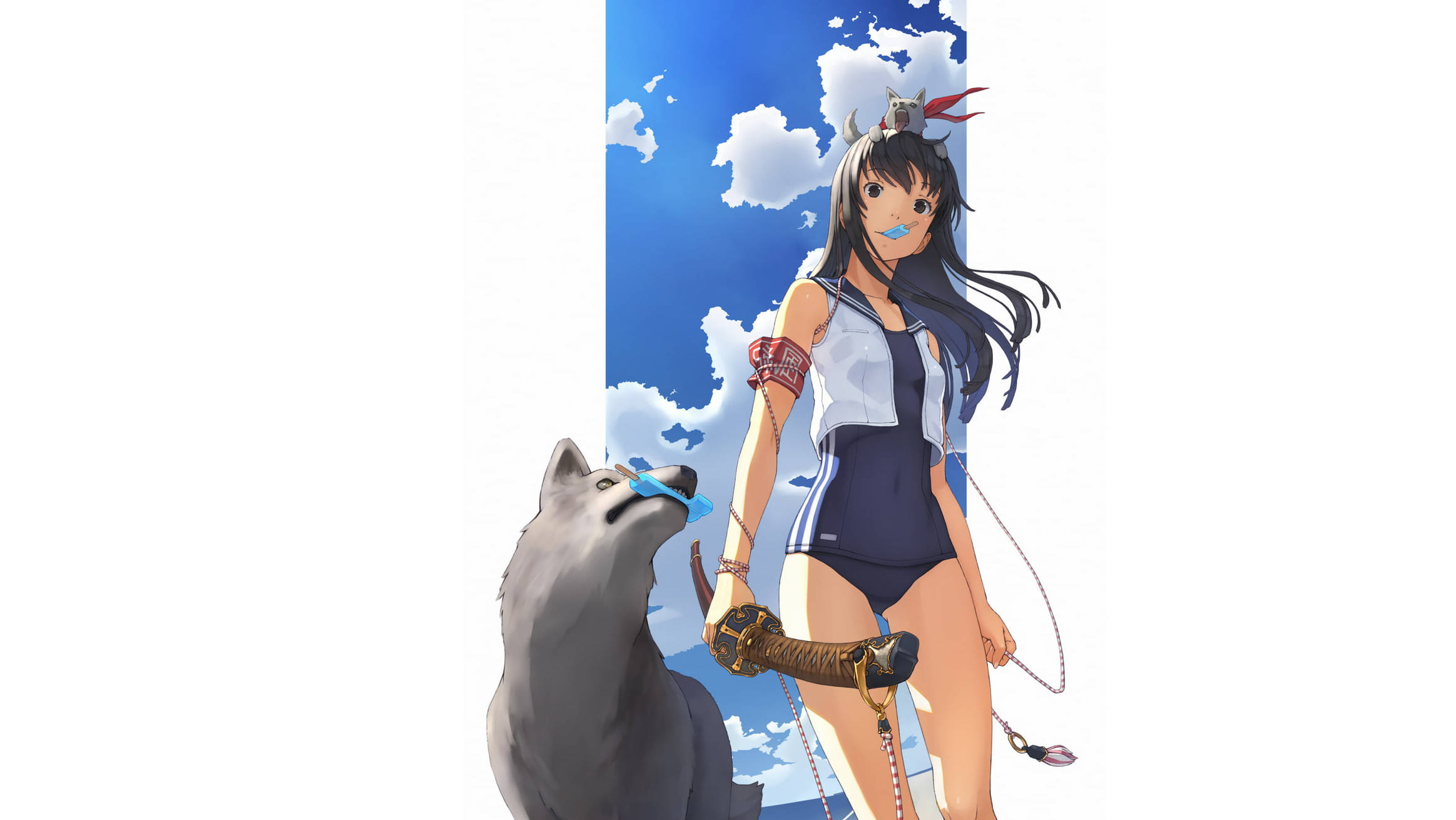 Sexy Anime 桌布 壁紙 — 穿著水手服的動漫女孩在明亮的藍天下，在 fluffy 雲朵旁，與狼一起手持劍。