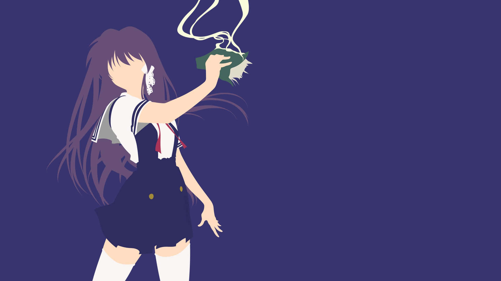 動漫角色 桌布 壁紙 — 穿著水手服的動漫女孩在深紫色背景上拿著綠色包包。