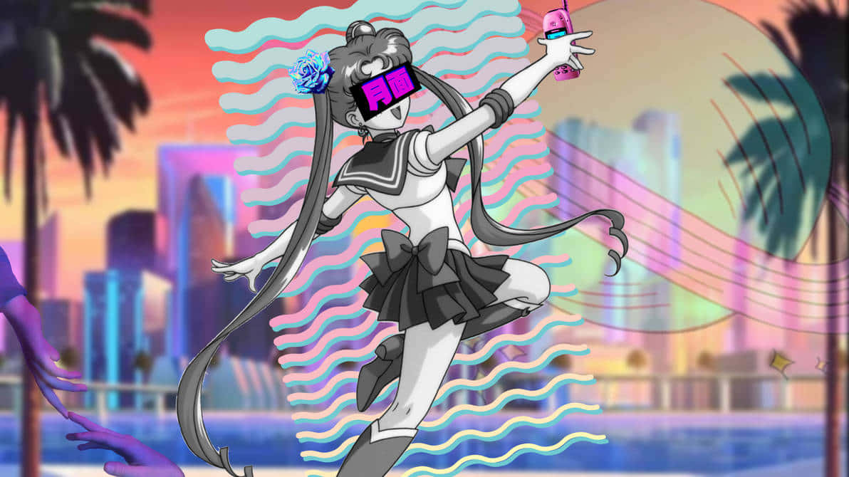 美少女戰士 桌布 壁紙 — 穿著水手服的動漫女孩在霓虹城市背景下自拍，背景有棕櫚樹和波浪色彩效果。