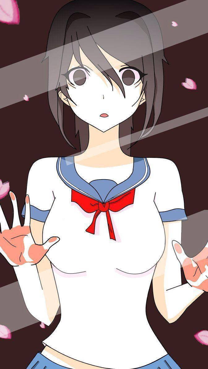 Yandere 桌布 壁紙 — 穿著水手服的動漫女孩在黑暗背景下，在飄落的櫻花中做出和平手勢。