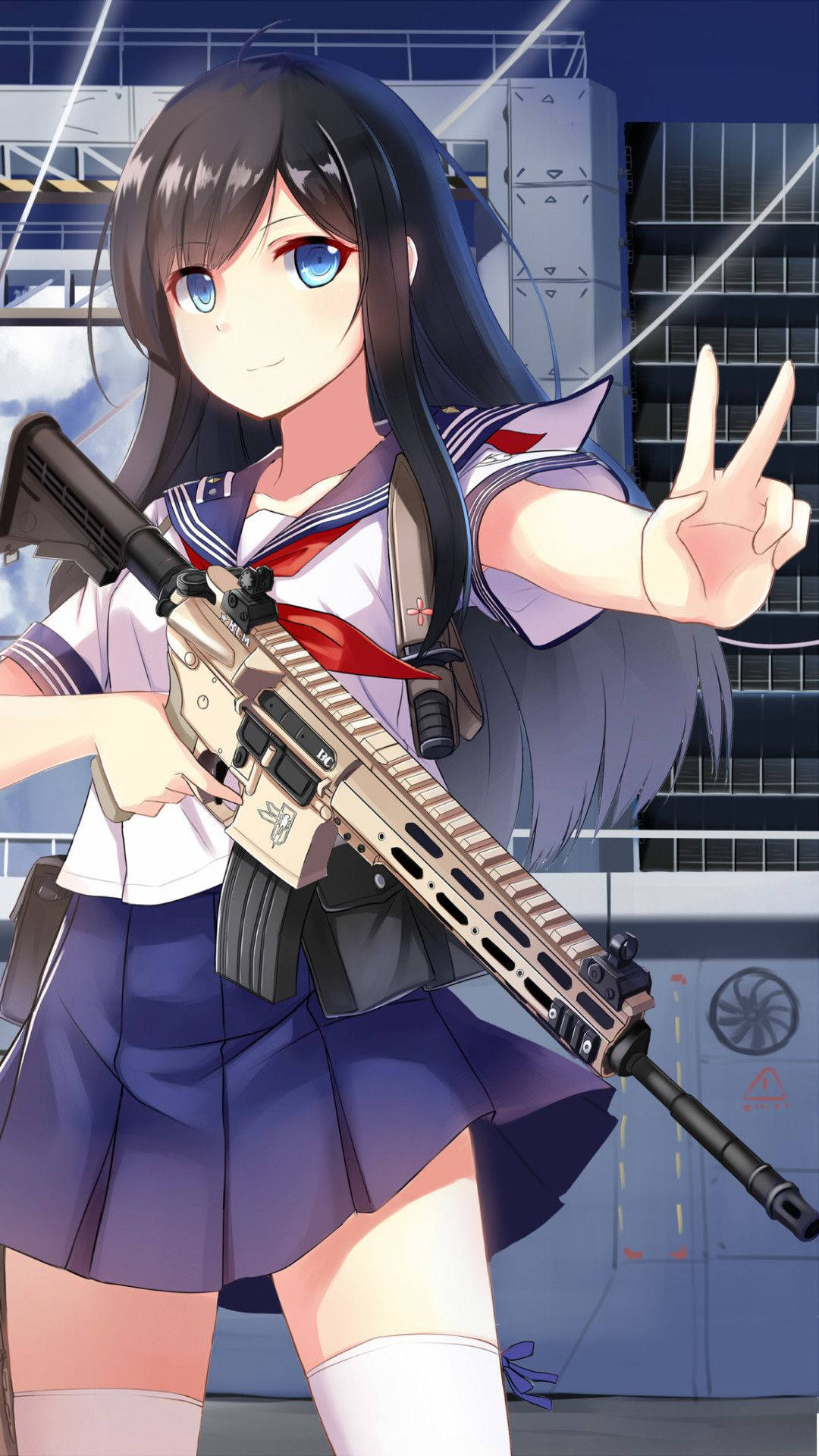 穿著水手服的動漫女孩在夜晚手持步槍比出和平手勢。 — 槍枝 GIF 壁紙