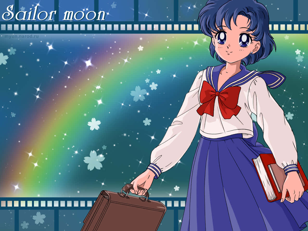 Sailor Mercury 桌布 壁紙 — 穿著水手服的動漫女孩拿著書本和行李箱，背景是星空彩虹，並有膠卷邊框。