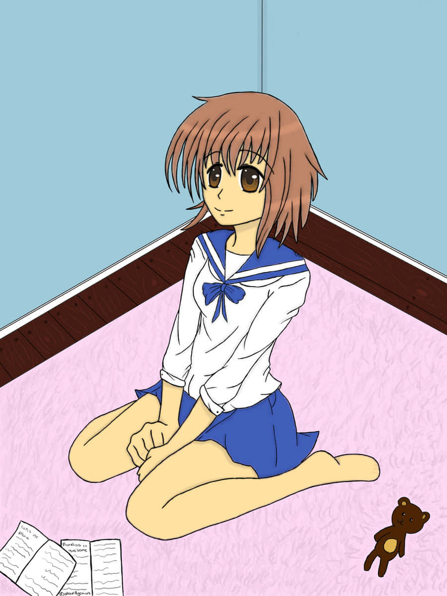 動漫女孩 桌布 壁紙 — 穿著水手服的動漫女孩盤腿坐在粉紅色地毯上，旁邊放著打開的筆記本和泰迪熊。