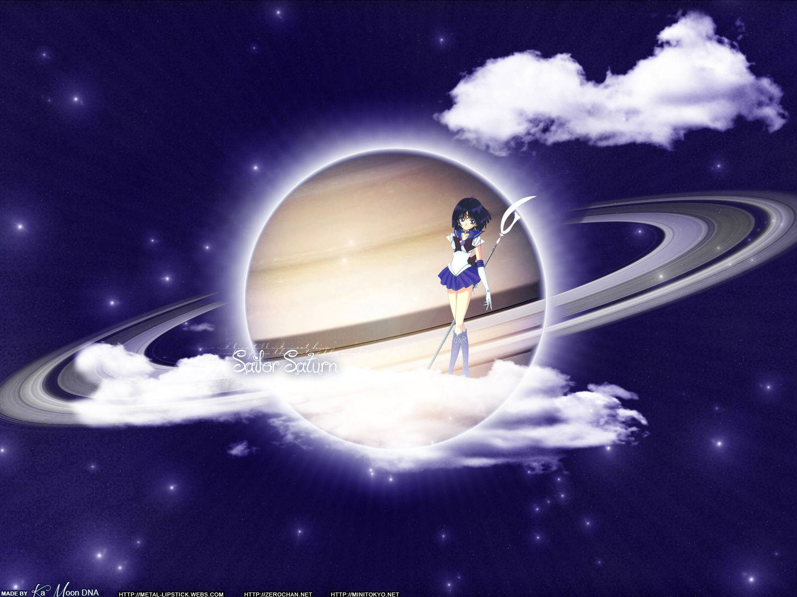 土星 桌布 壁紙 — 穿著水手服的動漫女孩站在雲端上，位於發光的環形行星內，背景是紫色星空。