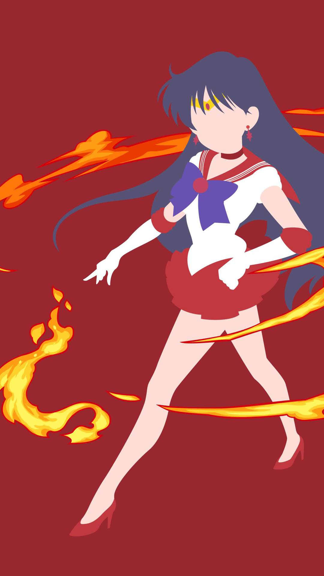 sailor mars 桌布 壁紙 — 穿著水手服的動漫女孩被熾熱的橙色火焰包圍，背景為深紅色。
