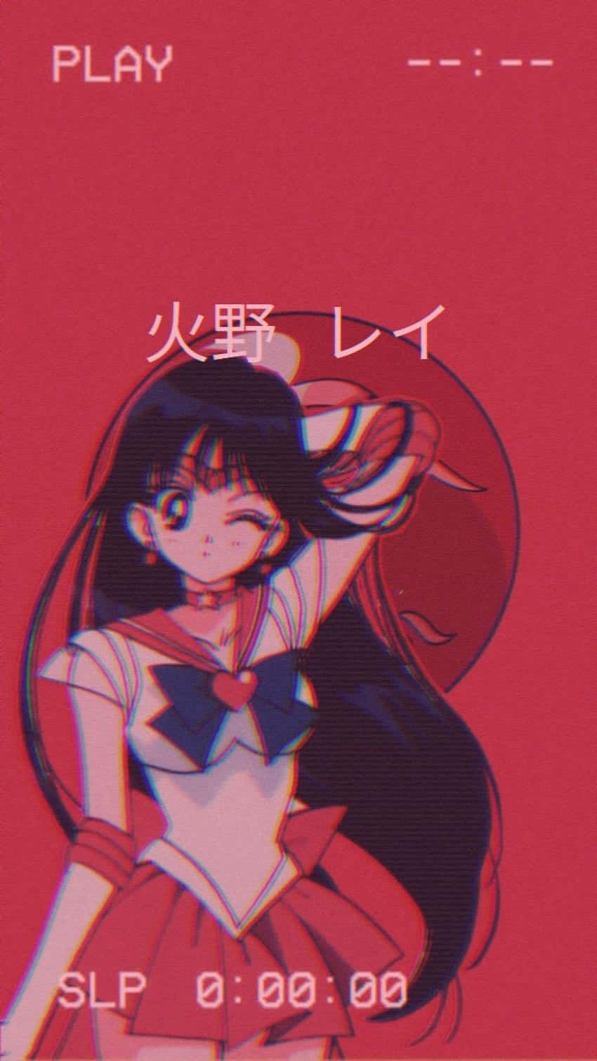 動畫 桌布 壁紙 — 穿著水手服的動畫女孩在帶有遊戲介面文字的故障紅色背景上眨眼。
