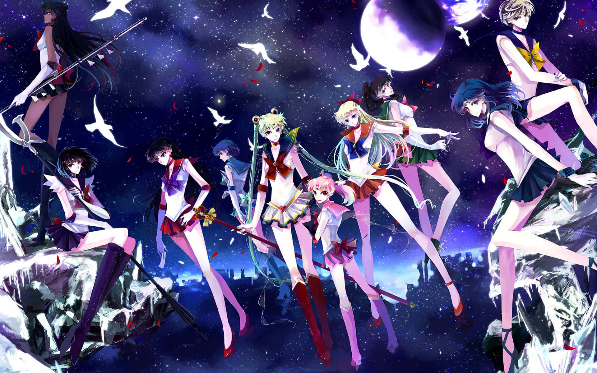 Anime Girl Aesthetic 桌布 壁紙 — 穿著水手服的動畫女孩在星空夜空下，有發光的月亮和漂浮的鳥兒，動感地擺姿勢。
