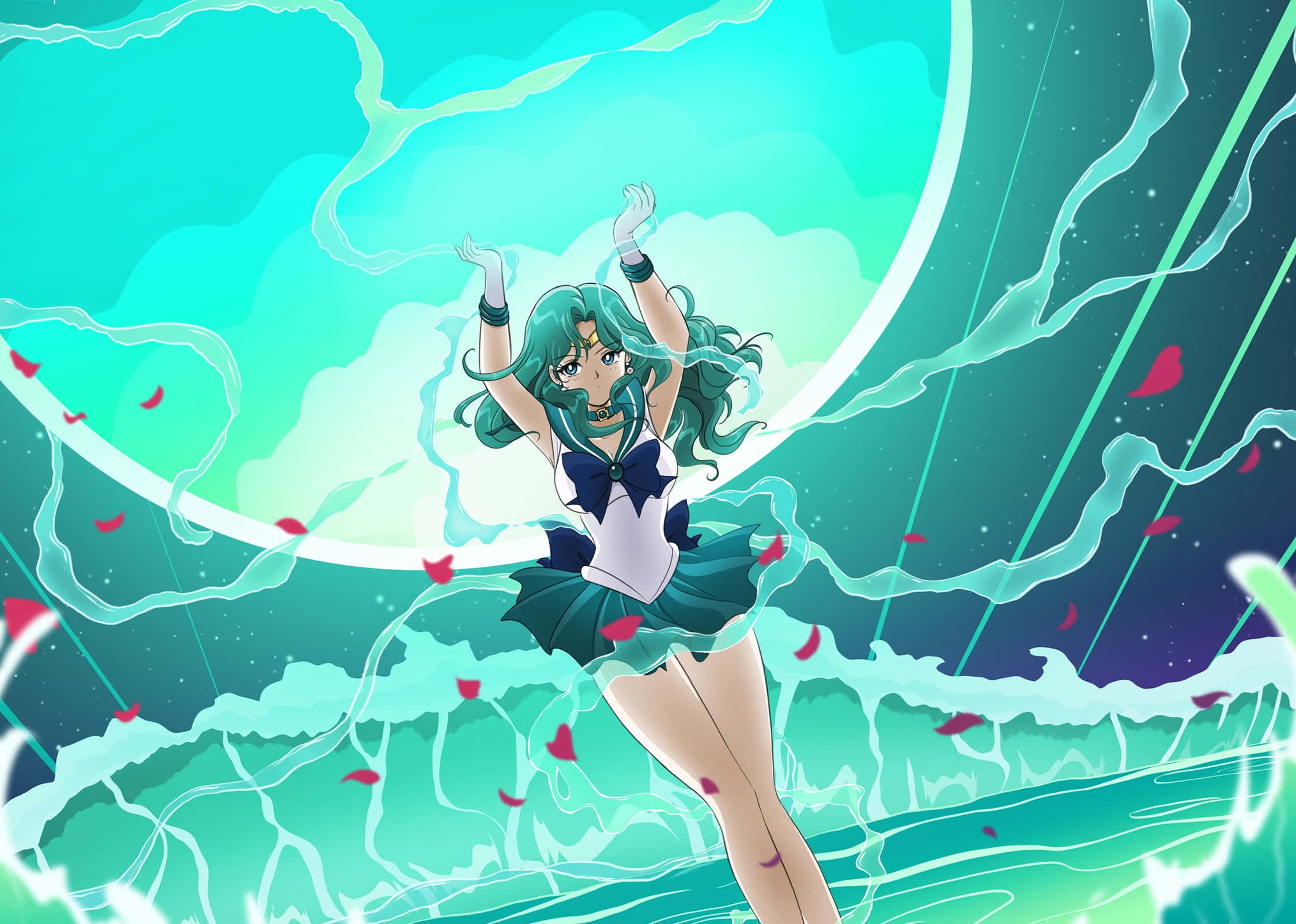 sailor neptune 桌布 壁紙 — 穿著水手服的動畫女孩站在發光的青綠色能量和旋轉的紅色花瓣之中。