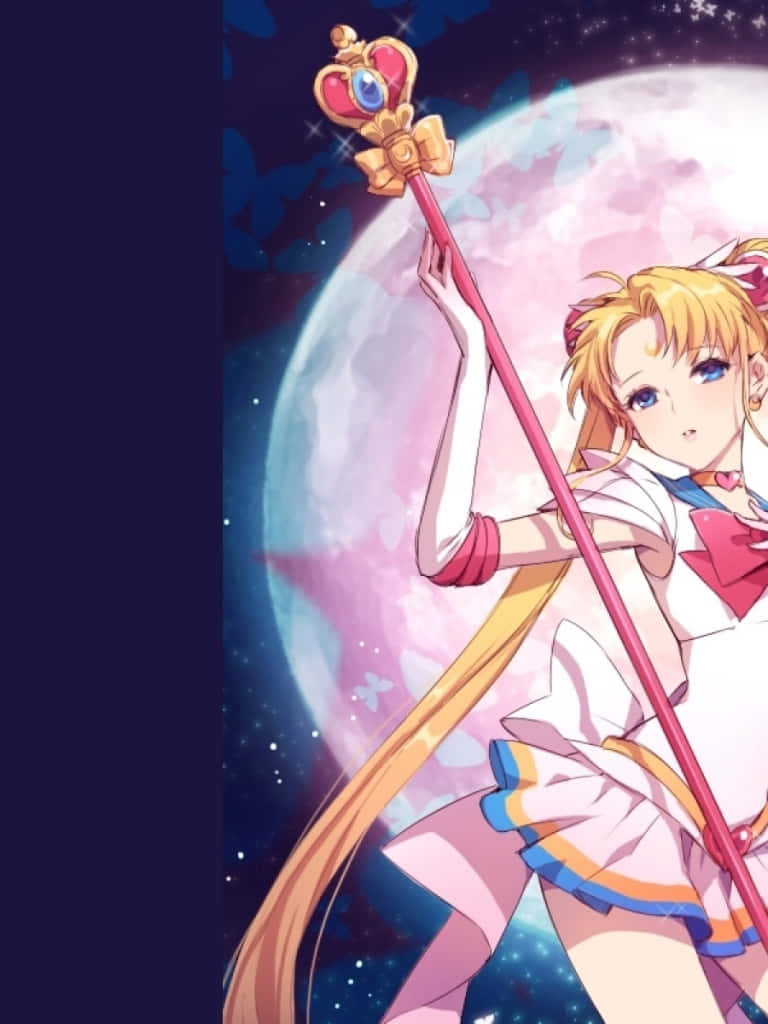 美少女戰士 桌布 壁紙 — 穿著水手服的動畫少女在粉紅色月光夜空下，手持發光的魔杖，周圍有星星。