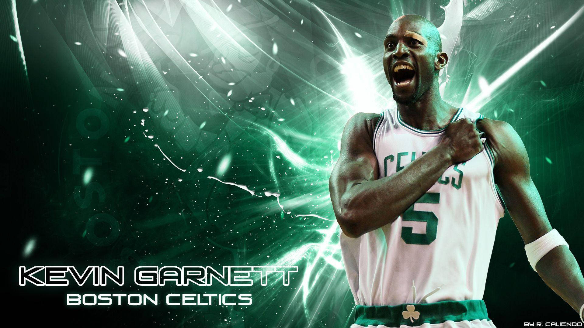 Kevin Garnett 桌布 壁紙 — 穿著波士頓塞爾提克球衣的凱文·加內特，在發光的綠色能量爆發背景下勝利咆哮。