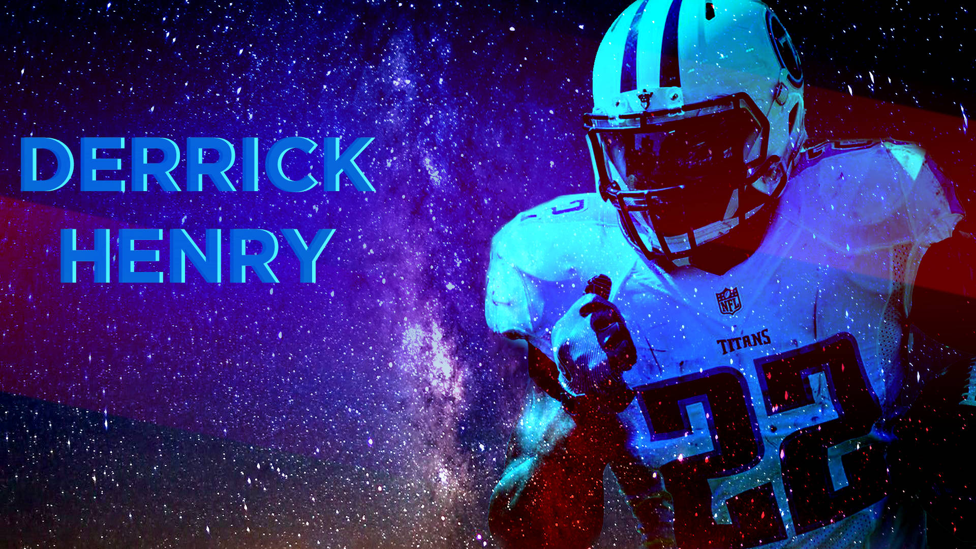 Derrick 桌布 壁紙 — 穿著泰坦裝備的美式足球運動員 Derrick Henry 站在帶有發光粒子的宇宙紫色和藍色星場前。