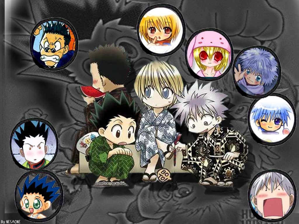 Shonen Anime 桌布 壁紙 — 穿著浴衣的Q版動漫角色坐在長椅上，周圍是圓形肖像畫框，背景為深色圖案。