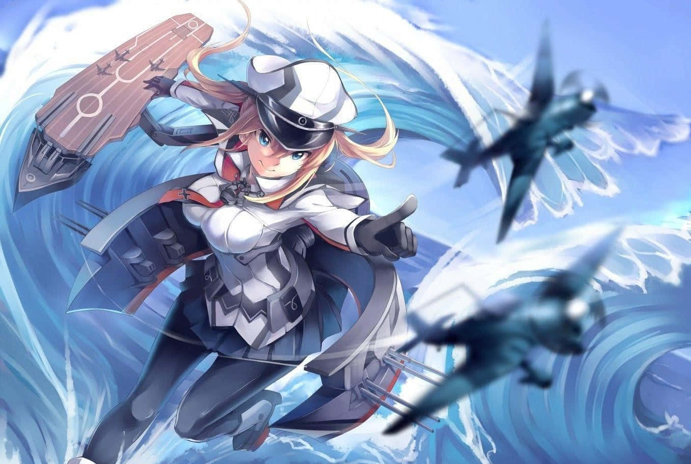 Kancolle 桌布 壁紙 — 穿著海軍制服的動漫少女在動感的藍色水場景中騎著海浪，伴隨戰鬥機和戰艦。
