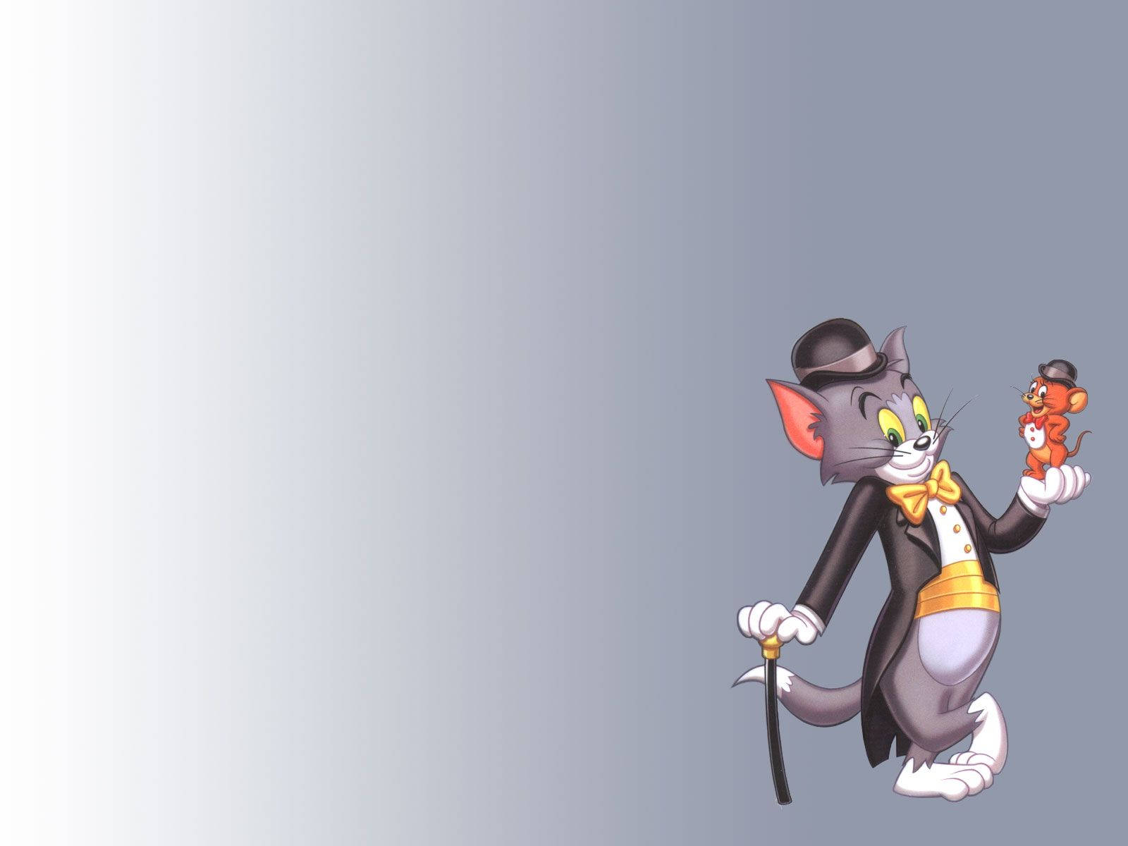 Tom And Jerry Cartoon 桌布 壁紙 — 穿著燕尾服和高帽的湯姆貓，手持拐杖和一隻小老鼠，在漸變灰色背景前擺出正式姿勢。
