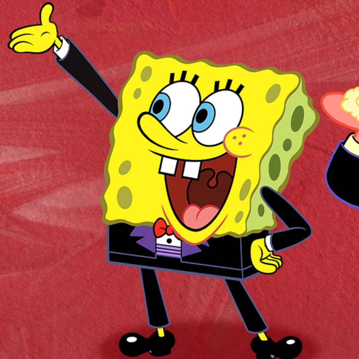 Cartoon 桌布 壁紙 — 穿著燕尾服的SpongeBob SquarePants在紋理紅色背景上愉快地豎起大拇指。