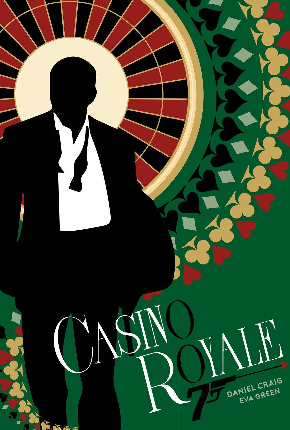 Daniel Craig 桌布 壁紙 — 穿著燕尾服的男士剪影，站在輪盤和撲克牌符號前，採用大膽的圖形設計。