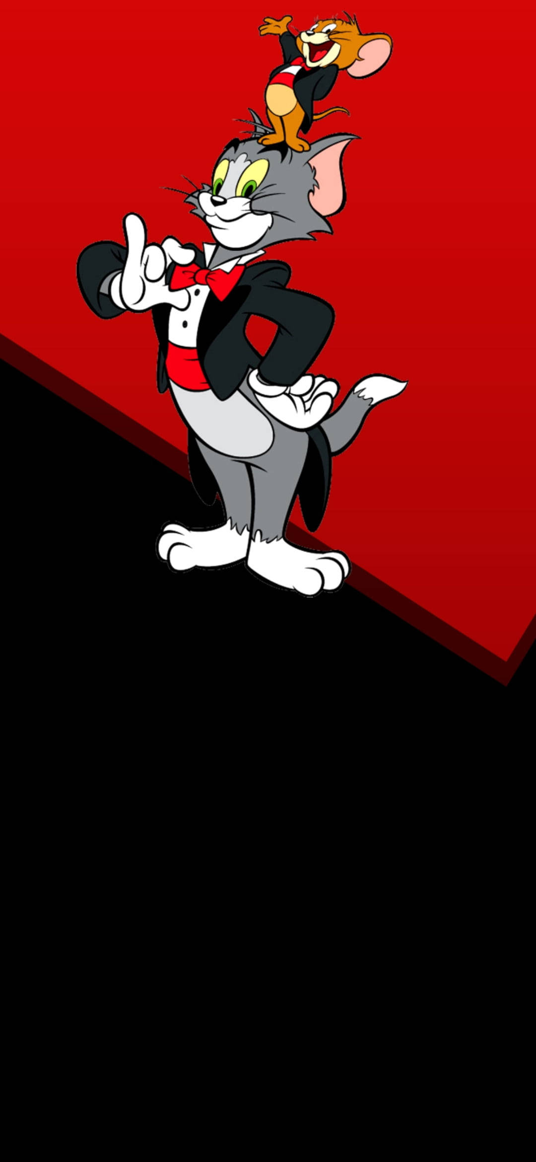 Tom And Jerry Cartoon 桌布 壁紙 — 穿著燕尾服的貓湯姆與勝利地棲息在他頭上的老鼠傑瑞在鮮明的紅色和黑色背景前擺姿勢。