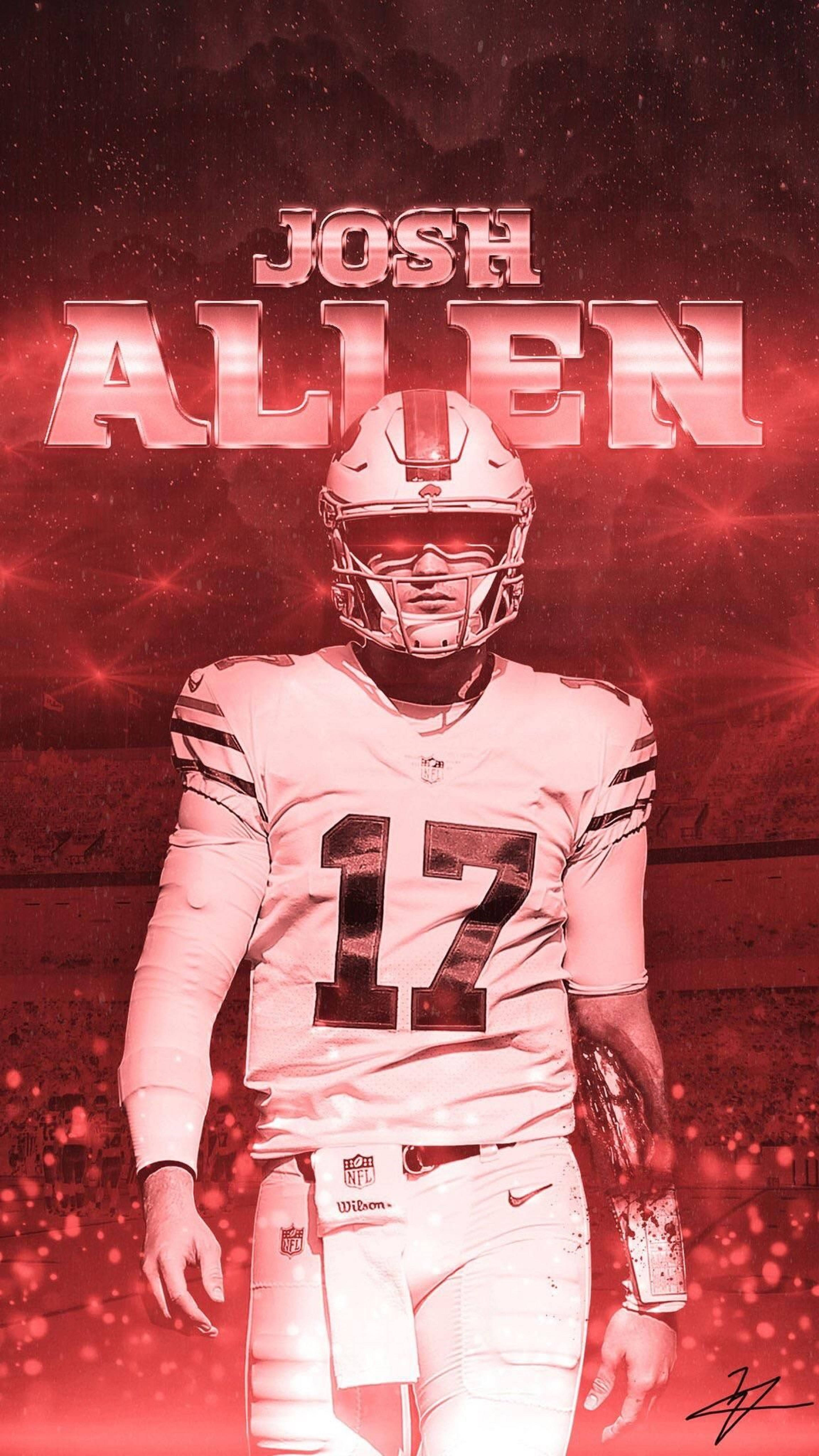 Josh 桌布 壁紙 — 穿著白色17號球衣的足球四分衛Josh Allen，在發光的紅色星空背景下自信地站立，上方有他的名字。