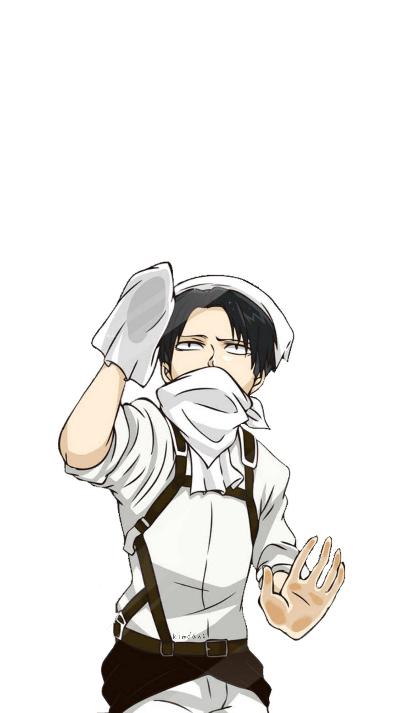 Levi 桌布 壁紙 — 穿著白色制服和吊帶的動漫角色，用布擦汗同時舉起一隻手。
