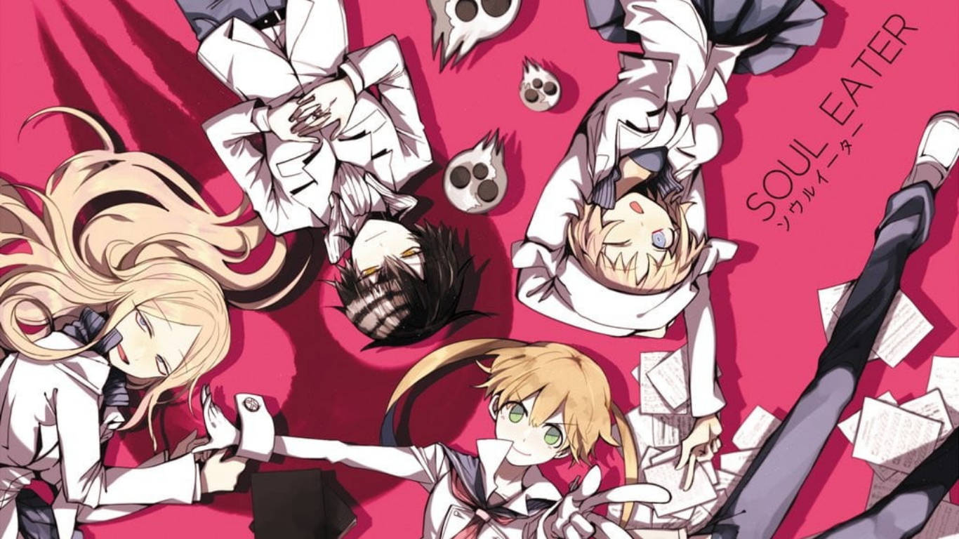 Soul Eater Characters 桌布 壁紙 — 穿著白色制服的動漫角色攤在鮮豔粉紅色背景上，周圍散落著骷髏頭和紙張。