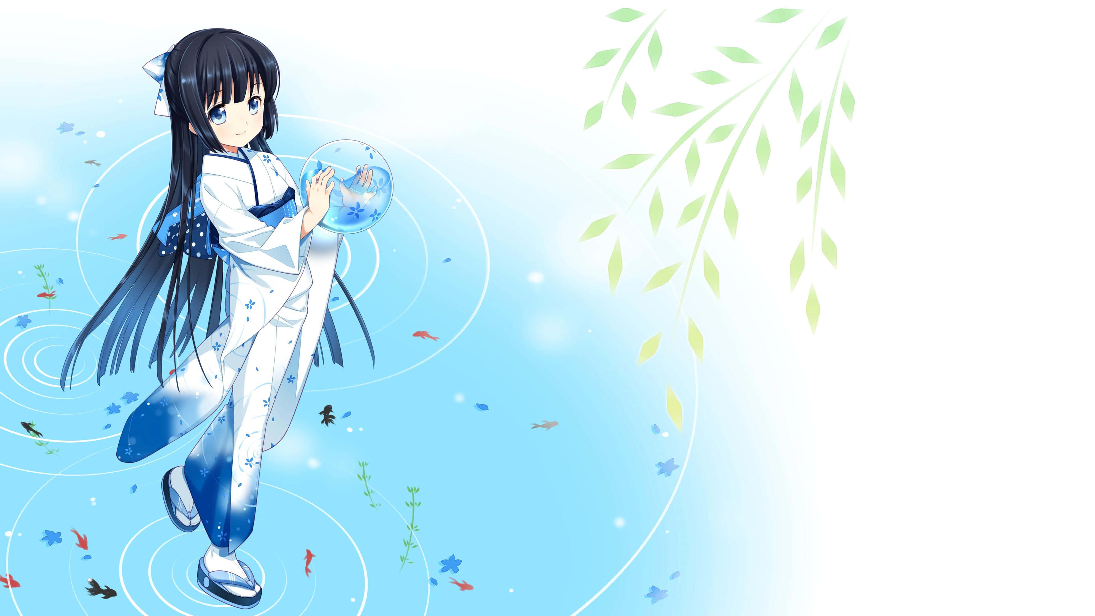 動漫女孩 桌布 壁紙 — 穿著白色和服的動漫女孩，手持裝有魚的玻璃球，背景是柔和的藍色，有漂浮的葉子。