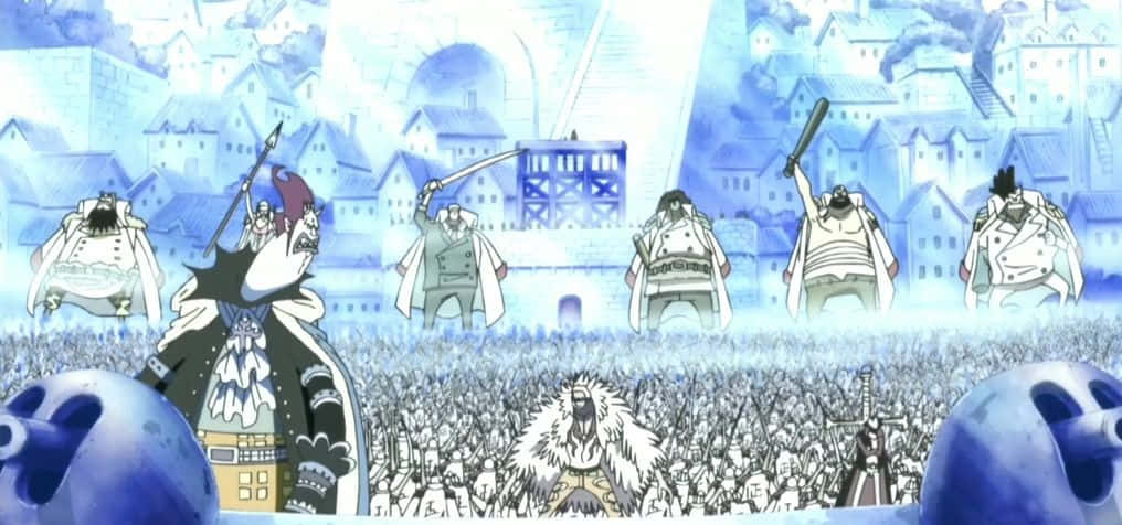 Marineford Aftermath 桌布 壁紙 — 穿著白色外套的動漫角色站在藍色調小鎮的人群之上，天空明亮。