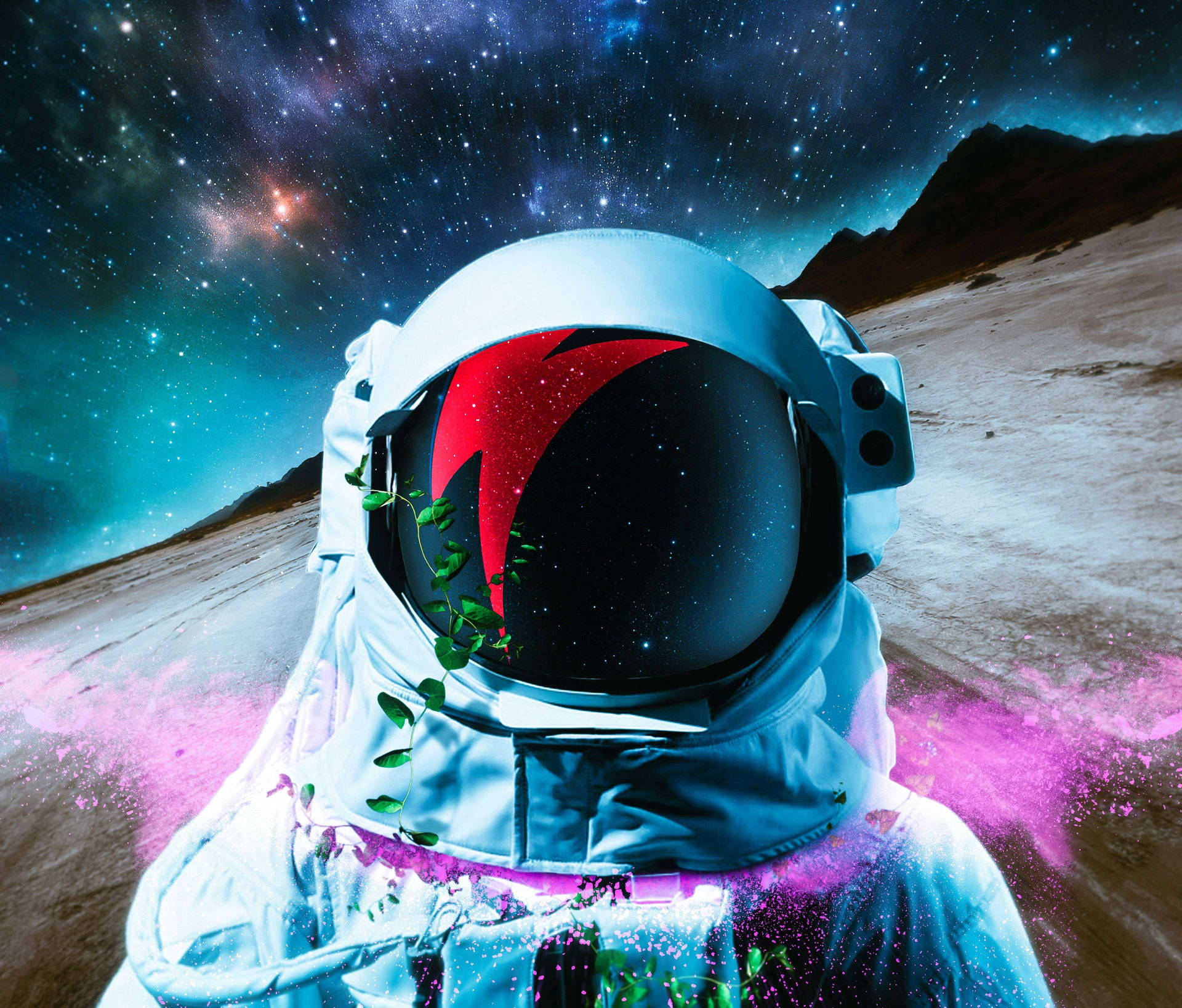 頭盔上長滿藤蔓的太空人站在外星行星上，背景是星空。