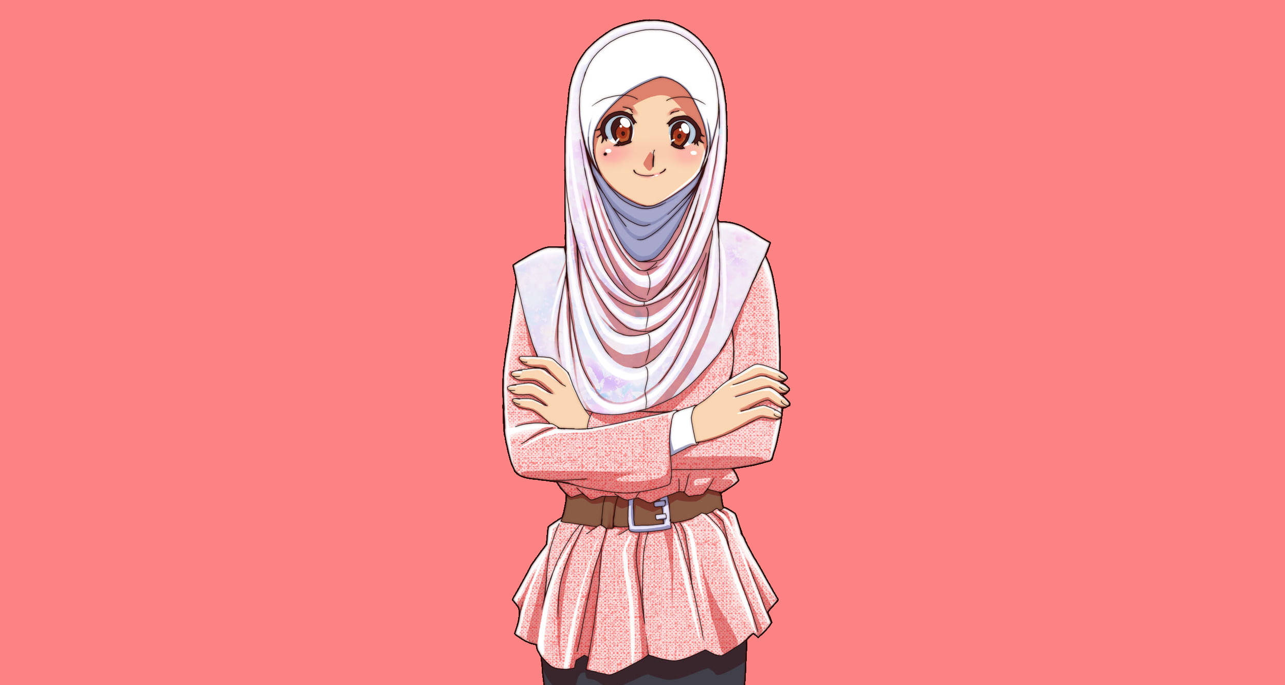 anime hijab 桌布 壁紙 — 穿著白色希賈布和粉紅色襯衫的動漫女孩，雙臂交叉，自信地站在純珊瑚色背景前。
