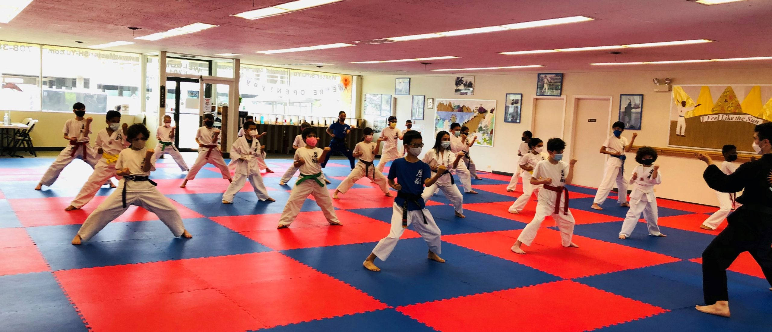 小孩動圖 桌布 壁紙 — 穿著白色空手道服的孩子們在明亮的螢光燈下，在紅色和藍色的墊子上練習同步姿勢。