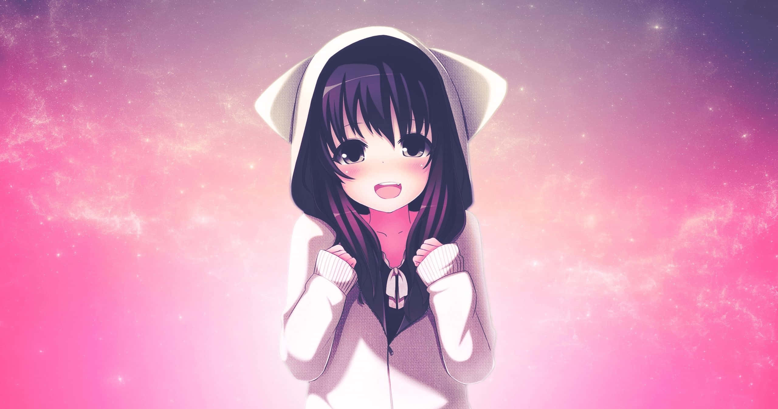 neko 桌布 壁紙 — 穿著白色連帽衫、戴著貓耳的女孩在閃爍的粉紅與紫色宇宙天空下溫暖微笑。